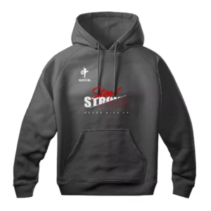 Custom Stay Strong Hoodie – Dark Grey Fleece Hoodie with Motivational Graphic, Comfortable Fit, and Complete Personalization Options by QEOK
