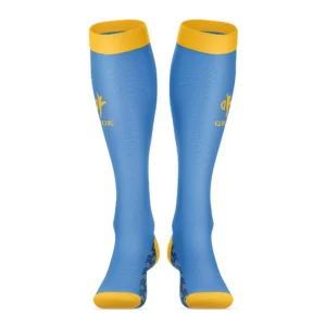 Custom Blue and Yellow Soccer Socks – Breathable Stretch Knit with Cushioned Footbed, Secure Fit Cuff, and Full Team Customization by QEOK