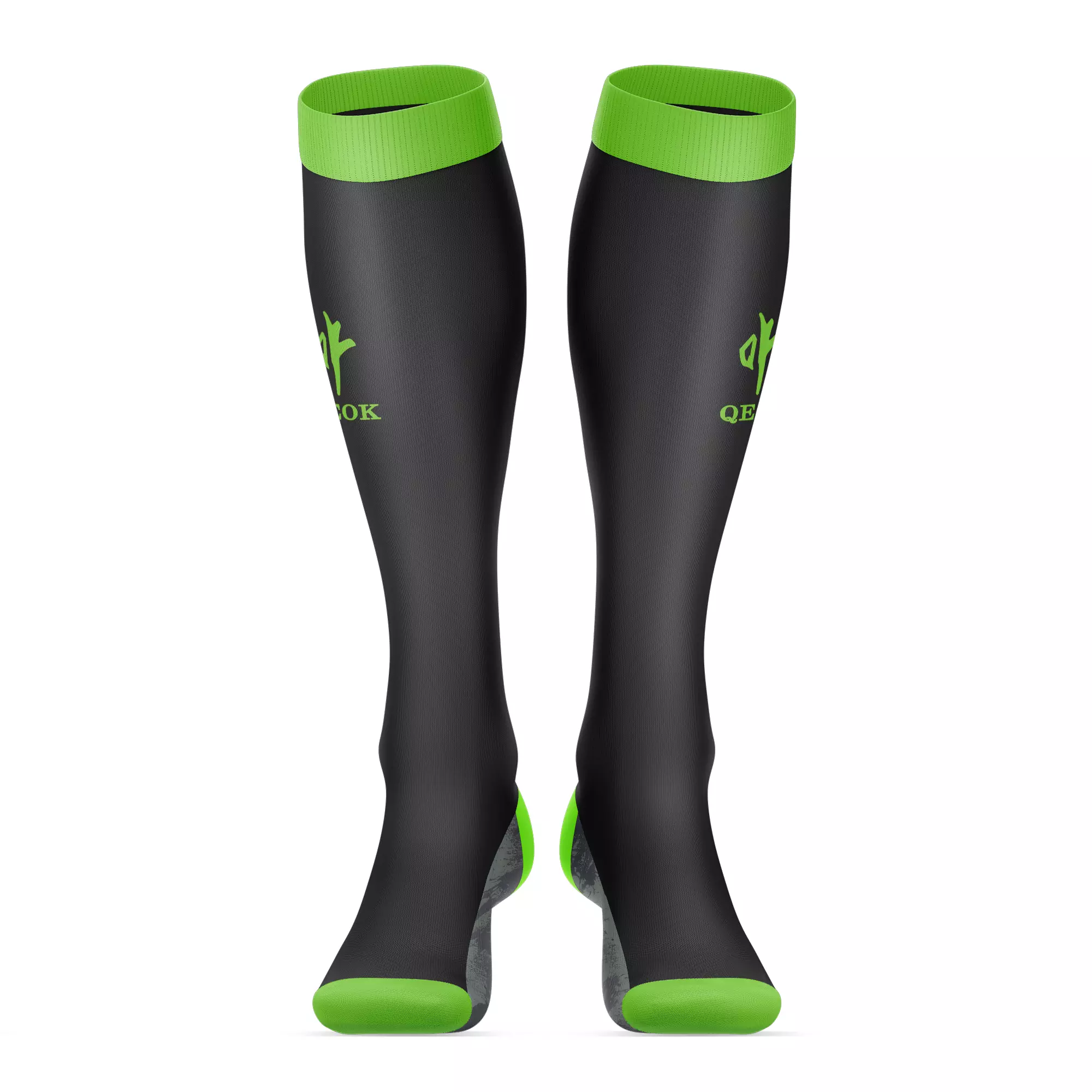 Custom Black and Neon Green Soccer Socks – Breathable Stretch Knit with Cushioned Sole, Secure Fit Cuff, and Complete Team Customization by QEOK