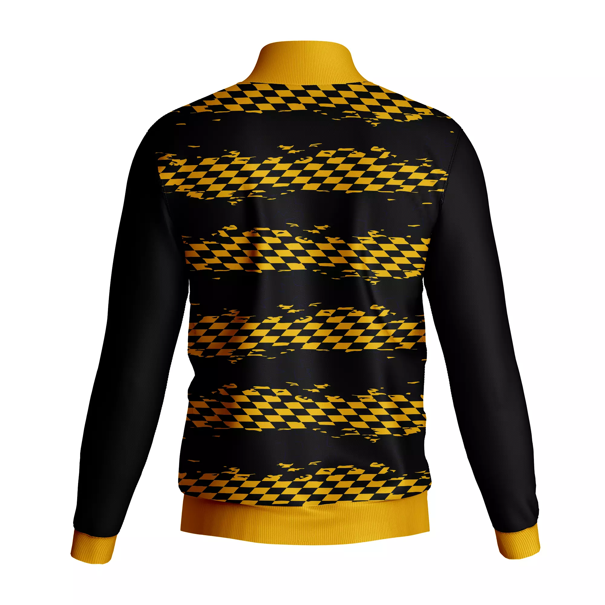 Custom Black and Yellow Track Jacket – Full-Zip Performance Top with Bold Checkered Graphic, Ribbed Collar & Cuffs, and Complete Team Customization by QEOK - Image 2