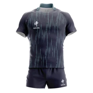 Custom navy sublimated rugby jersey and shorts set for men by QEOK, featuring quick-dry breathable fabric and modern vertical stripe pattern design.